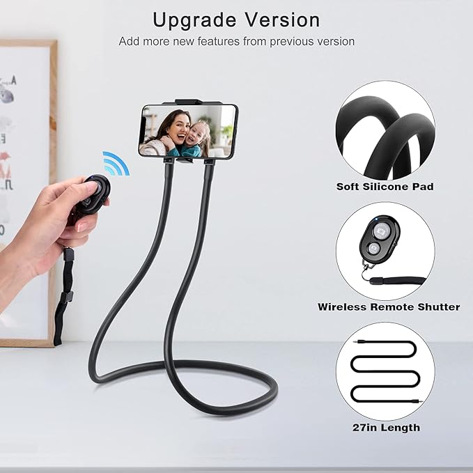 B-Land Upgrade Phone Holder for Bed Neck Phone Holder Gooseneck Cell Phone Holders Universal Mobile Phone Stand with Remote for Taking Videos &amp Group Photos (Black)