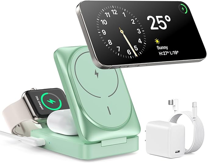 3-in-1 Wireless Charger Charging Station for iPhone 15W Fast Charging Foldable Magnetic Charger Stand with 30W USB C Adapter for MagSafe iPhone 16/15/14/13/12 Apple Watch AirPods