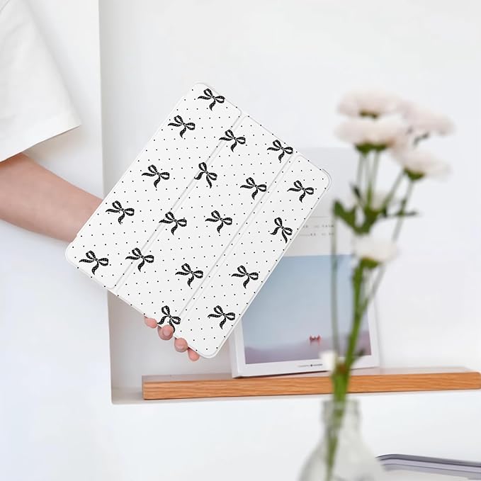 Cute Black Bow Polka Dot for iPad Air 3 Case with Pencil Holder Auto Sleep/Wake White Leather Soft TPU Back Cover for iPad Pro 10.5 Inch 2017