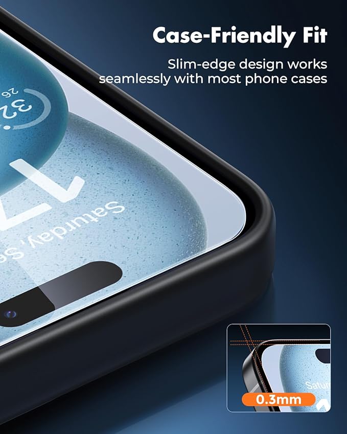 UNBREAKcable iPhone 15 Screen Protector 3-Pack 3 Tempered Glass + 3 Camera Lens Protectors 9H Hardness HD Clarity Anti-Fingerprint Case Friendly 6.1 Inch