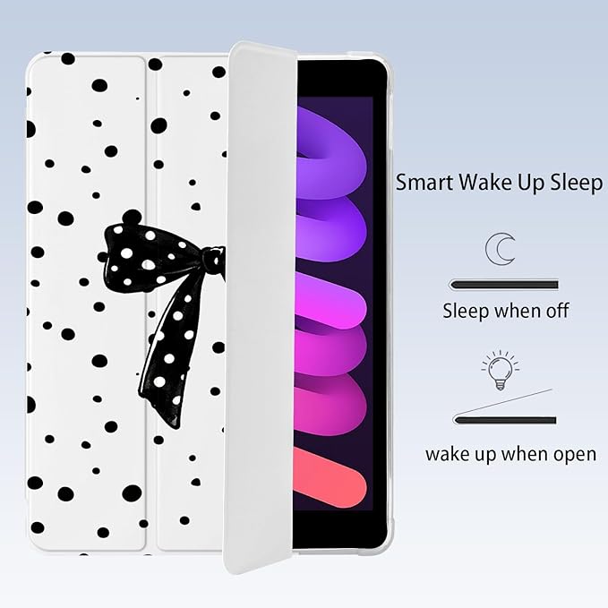 Cute Black Bow Polka Dot for iPad mini 7 A17 Pro 2024/iPad Mini 6 Case with Pencil Holder Auto Sleep/Wake White Leather Soft TPU Back Cover