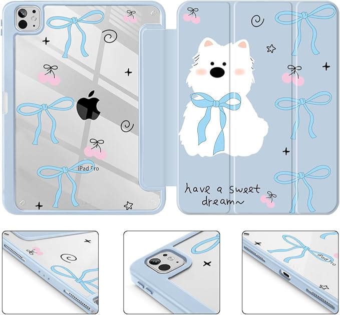 May Chen Case for iPad Pro 11-Inch M5/M4 2025/2024 (6th/5th Generation) Clear Transparent Print Back Shell Slim Stand Shockproof Tablet Cover Auto Wake/Sleep Blue Bows Dog