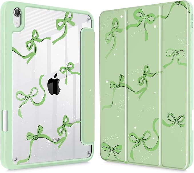 May Chen Slim Case for iPad mini 7 (A17 Pro 7th Generation) 2024 / iPad mini 6 (6th Gen) 8.3 Inch [Built-in Pencil Holder] Shockproof Cover Clear Clear Back Shell Auto Wake/Sleep Green Stars Bow