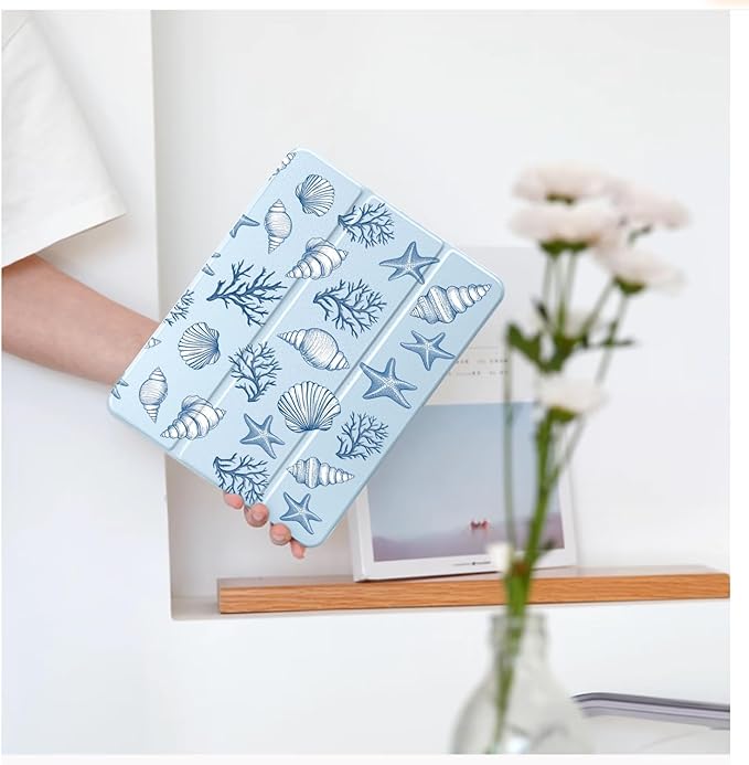 Cute Sea Shell Conch for iPad Pro 11 Inch Case (M5/M4) 2025/2024 with Pencil Holder Auto Sleep/Wake Blue Leather Clear Acrylic Back Cover