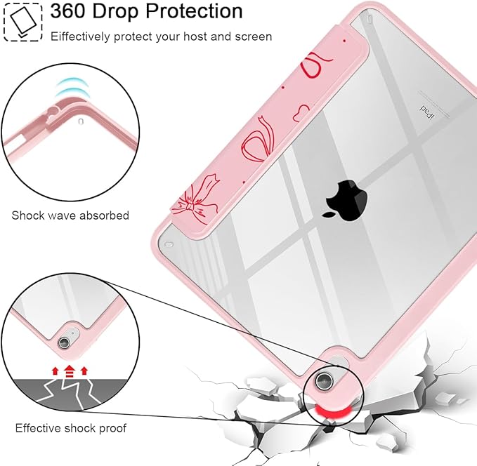 Case for iPad 11 inch A16 2025 Generation 11th / iPad 10.9 inch 2022 10th Gen Buit in Pencil Holder with Shockproof Cover Clear Transparent Back Shell Auto Wake/Sleep Pink Bows