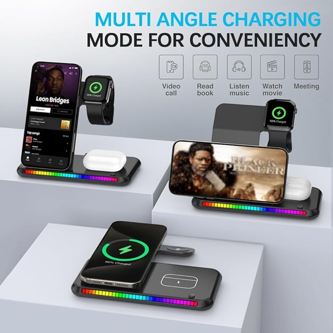 IHAO 3in1 Multifunctional Foldable Wireless Charging Station with LED Ambient Night Light Fast QC3.0 Charger for Phone iWatch Headphone Space-Saving Auto-Shutoff &amp Overcharge Protection-Black