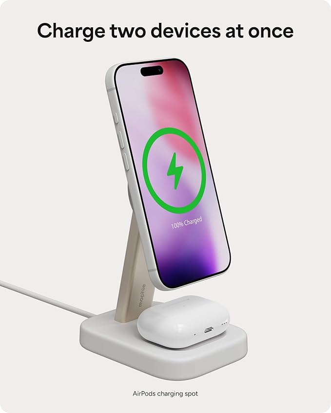 Mophie 2-in-1 Wireless Charging Stand - Qi2-Certified MagSafe Charger for iPhone &amp AirPods – Fast Charging Station with Adjustable Phone Stand &amp Cable Management – Up to 15W Power