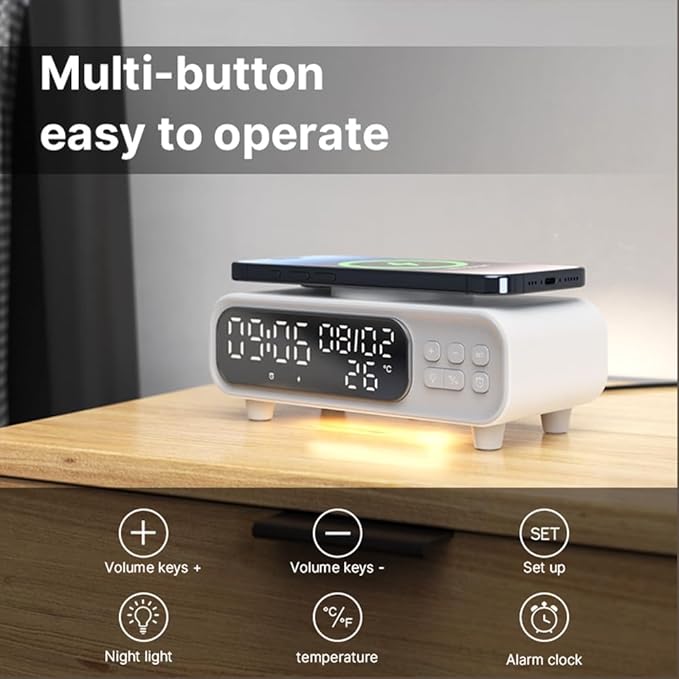 IHAO 5in1 Alarm Clock with Wireless Charging Night Light 15W Fast Charger for Phone and Headphone LED Digital Display with Date &amp Temperature Dimmable for Bedroom &amp Office-D15 Clock White