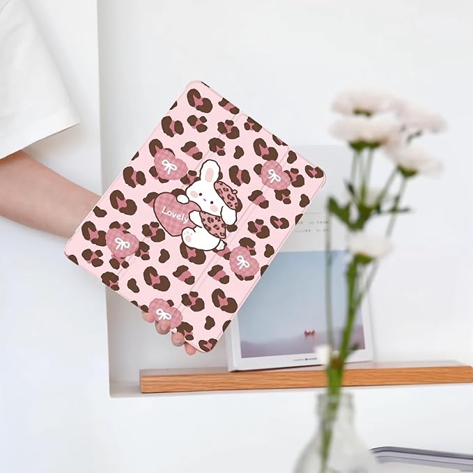 Cute Leopard Print Bunny for iPad Pro 11 Inch Case (M5/M4) 2025/2024 with Pencil Holder Auto Sleep/Wake Pink Leather Soft TPU Back Cover
