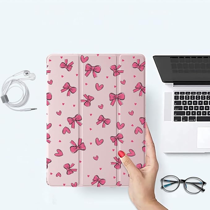 JOYLAND Cute Art Bowknot Pattern Case for iPad Mini 7th(A17 Pro) 2024 / Mini 6th Generation 8.3 2021Pencil Holder &amp Clear Transparent Back &amp Trifold Smart Pad Pink Cover Scratchproof Case