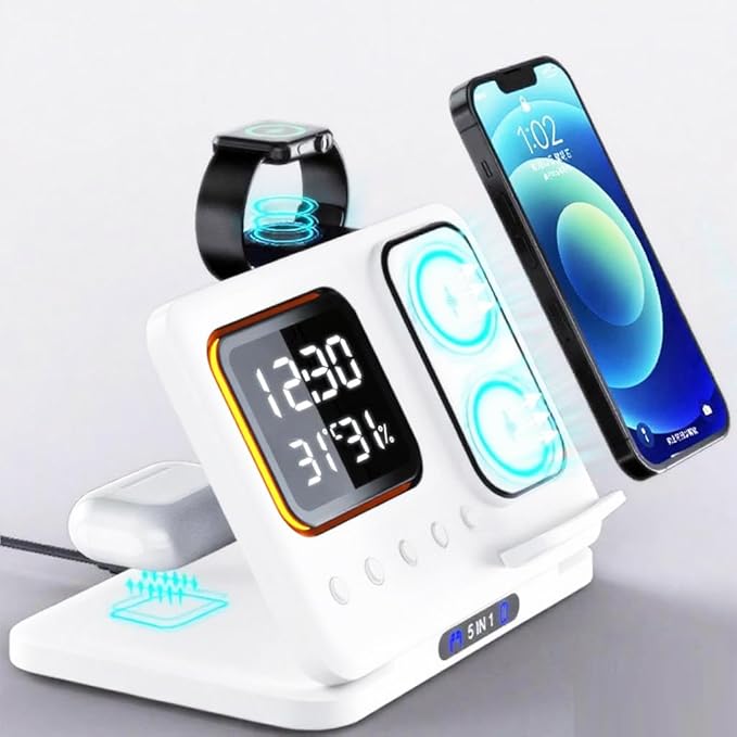 IHAO 5in1 Multi Functional Wireless Charging Station Digital Clock 15W Fast Charging Temperature Display Wireless Charger for All Qi Phone and TWS Headphone Compliant with Apple Watch-D15 White