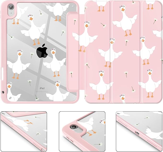May Chen Case for iPad Air 13 Inch M4 2026 M3 2025 M2 2024 [Built-in Pencil Holder] Shockproof Cover with Clear Transparent Back Shell Auto Sleep/Wake Cover Goose Flower