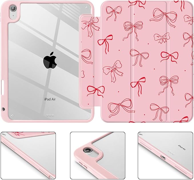 Case for iPad Air 11'' (M4 2026/M3 2025/M2 2024)/ iPad Air 10.9'' Air 5th /4th Gen Shockproof Cover with Clear Back Shell &amp Penceil Holder Auto Wake/Sleep Stand Cover Pink Bows