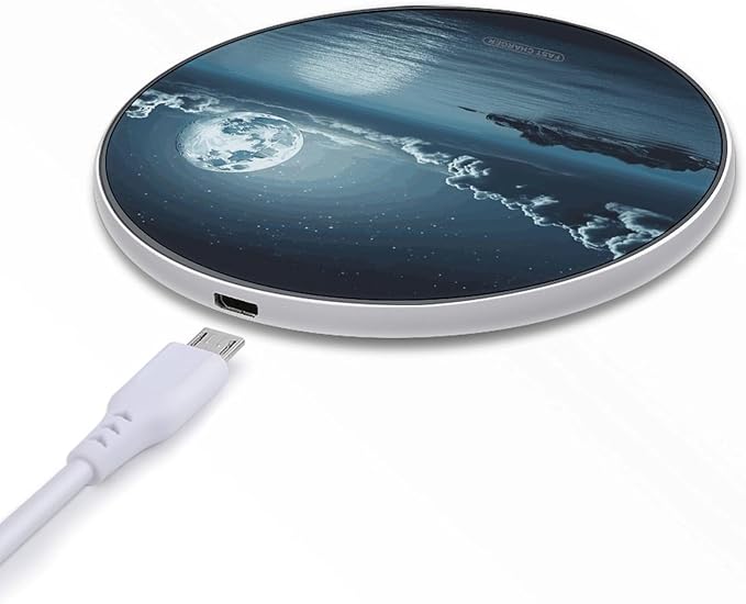 Moon Ocean Landscape Wireless Charger Fast Wireless Charging Pad with USB Cable 10W Anti-Slip Magnetic Wireless Charger Portable Slim Charger Puck Travel Charging Station