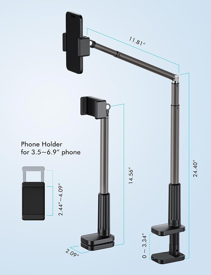 Viozon Phone Holder Flexible Long ArmOverhead Mount360° Angle AdjustableAluminum Alloy C Clamp for Headboard Bedside&ampTable&ampDeskCompatible with 3.5-6.9 PhoneiPhone 16 15Plus / Pro Max