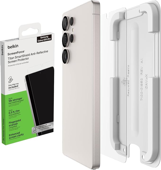 Belkin Titan SmartShield Anti-Reflective Screen Protector for Samsung Galaxy S26 Ultra Scratch Resistant Impact Protection Anti-Fingerprint Ultra-Thin w/Easy Align Tray for Bubble Free Application