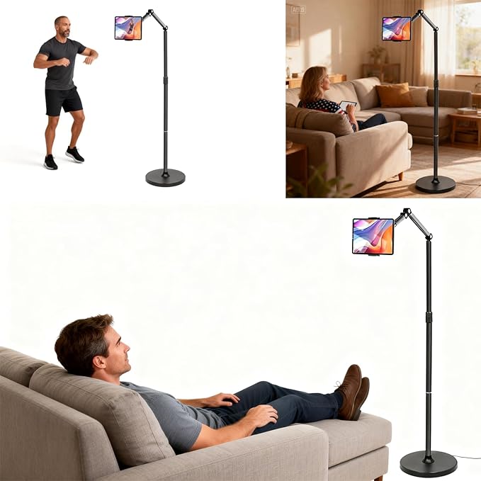 66“ Floor stand articulating arm with adjustable on Bed&ampCouch iphone stand and tablets standSturdy and Stable tripod replacementMinimalist Design Space-Saving Highly Flexiblecantilever Brac