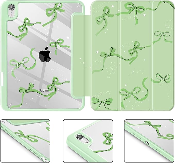May Chen Slim Case for iPad mini 7 (A17 Pro 7th Generation) 2024 / iPad mini 6 (6th Gen) 8.3 Inch [Built-in Pencil Holder] Shockproof Cover Clear Clear Back Shell Auto Wake/Sleep Green Stars Bow