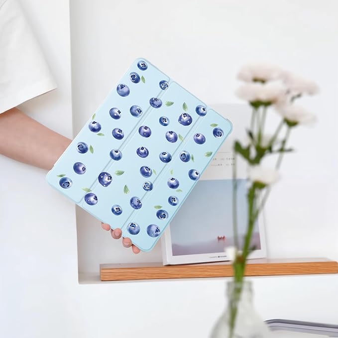 Cute Blueberry for iPad Air 11 Inch Case 7th/6th Generation (M3/M2) 2025/2024 with Pencil Holder Auto Sleep/Wake Blue Leather Soft TPU Back Cover