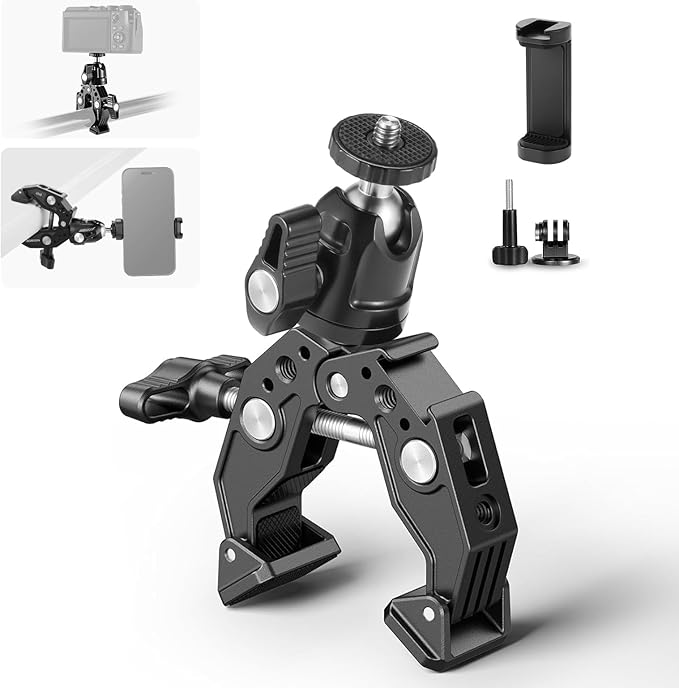 Neewer Super Clamp with Ballhead Cold Shoe Phone Holder and Action Camera Mount Adapter for Flat/Round Surface Compatible with GoPro DJI iPhone 15 Pro Max ST87