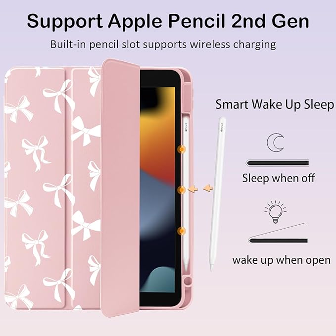 Cute Kawaii White Bow for iPad Air 11 Inch Case 7th/6th Generation (M3/M2) 2025/2024 with Pencil Holder Auto Sleep/Wake Pink Leather Clear Acrylic Back Cover