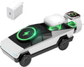 CyberDock 3-in-1 Wireless Charging Station Cybertruck 1:25 Scale Charger with Qi2 Certified 15W Charging for iPhone iWatch AirPods Magnetic Rotating Charger with Ambient Light 30W Adapter Sliver