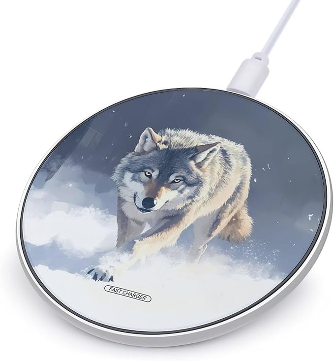 Gray Wolf Walking Through Snowy Phone Charger Magnetic Charging Pad Anti-Slip with USB Cable