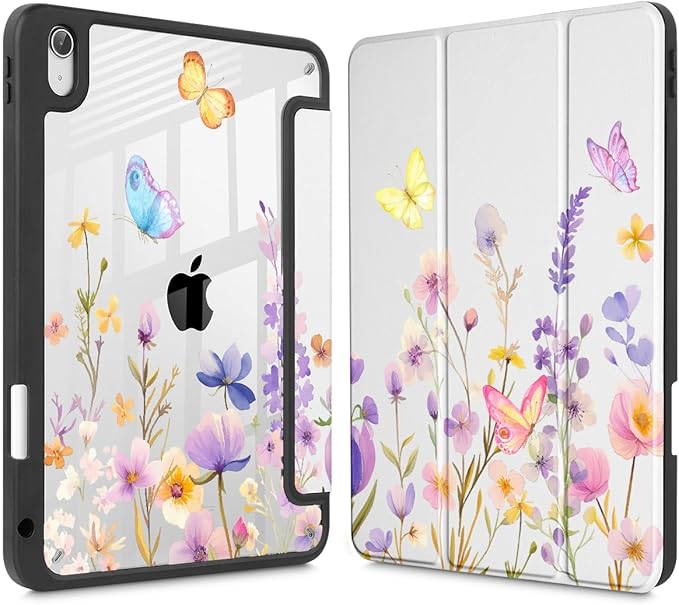 Tuiklol Case for iPad 11 inch (A16 Chip) 2025 Generation 11th / iPad 10.9 inch 2022 10th Gen Buit in Pencil Holder with Shockproof Cover Clear Transparent Back Shell Auto Wake/Sleep Purple Flower