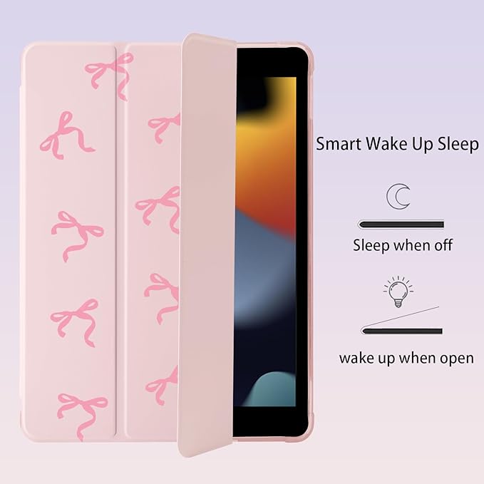 Cute Kawaii Pink Bow for iPad Air 11 Inch Case 7th/6th Generation (M3/M2) 2025/2024 with Pencil Holder Auto Sleep/Wake Pink Leather Soft TPU Back Cover