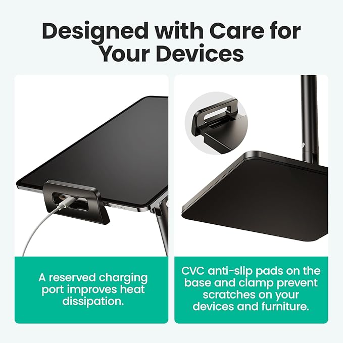 Ergonomic Phone iPad Stand for Desk - Ultra Sturdy Base Adjustable &amp Foldable Mobile Holder with 2 Extendable Clamps Work from Home Essentials Compatible with iPhone/iPad (1 Pack)