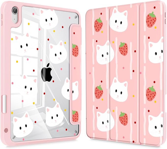 Case for iPad 11 inch A16 2025 Generation 11th / iPad 10.9 inch 2022 10th Gen Buit in Pencil Holder with Shockproof Cover Clear Transparent Back Shell Auto Wake/Sleep Cat Strawberry
