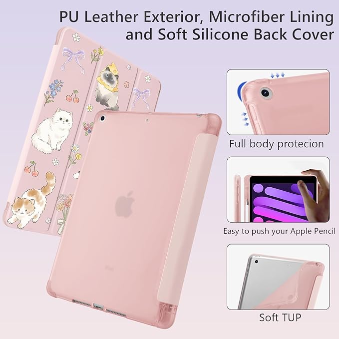 Cue Kawaii Kitten Cat Flower for iPad 5th/6th Generation Case with Pencil Holder Auto Sleep/Wake Pink Leather Soft TPU Back Cover for iPad 9.7 Inch