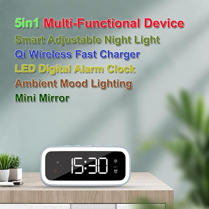 IHAO 5in1 Multi-Functional Alarm Clock with Wireless Charging 15W Fast Charger for Phone &amp Earbuds 3 Group Alarms Dimmable Night Light USB Port Digital Clock Adjustable Light Mini Mirror QXF-80