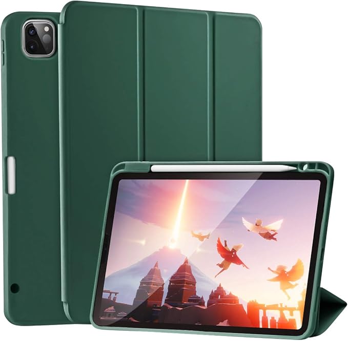SIWENGDE Cases for iPad Pro 12.9 Case 6th/5th/4th Generation (2022/2021/2020) with Pencil Holder [Apple Pencil Wireless Charging] Soft TPU Smart Tri-fold Stand Protective Cover(Midnight Green)