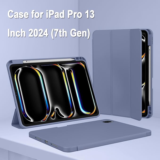 ZryXal New iPad Pro 13 Inch Case (M5) 2025 / (M4) 2024 with Pencil Holder Smart iPad Case [Support Pencil Pro and Pencil (USB-C)] Support Touch ID and Auto Wake/Sleep (New Lavender)