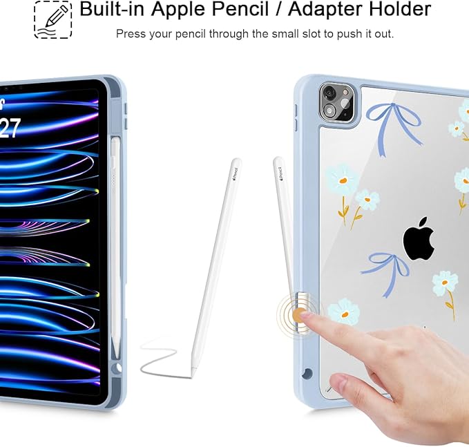 Mektron Case for iPad Pro 11 inch Case M2 2022 Generation 4th Fit 2021 2020 2018 iPad Pro 11 (3rd 2nd &amp 1st Gen) -Buit in Pencil Holder with Shockproof Cover Clear Shell Blue Bows &amp Flower