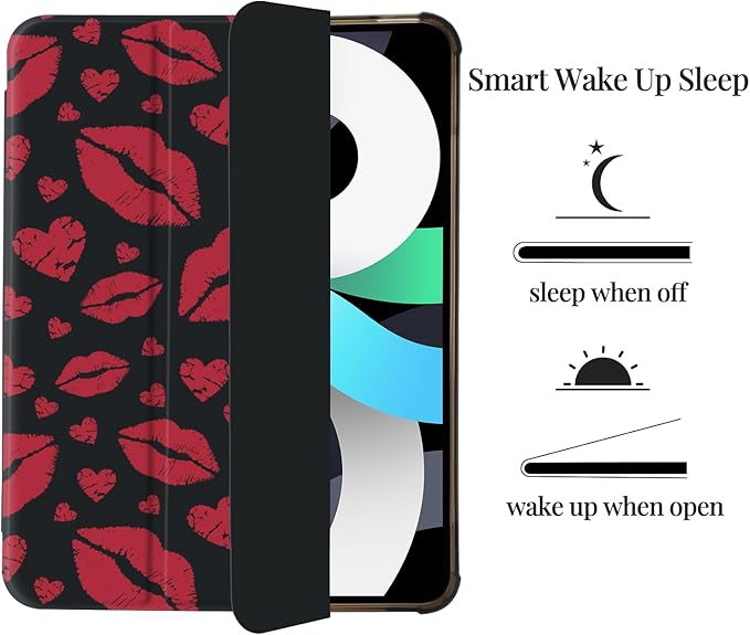Red Lips Heart Case for iPad 10.2 Inch 9th/8th/7th Gen (2021/2020/2019)[Pencil Holder+Auto Sleep/Wake]Slim Trifold Stand Protective Cover with Soft TPU BackBlack