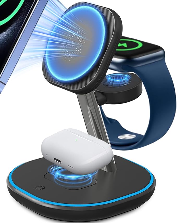3 in 1 Wireless Charging Station for Apple MagSafe Charger 15W Fast Magnetic Phone Charger with Breathing Light for Magsafe Charger Stand for iPhone 17 16 15 14 13 12 Apple Watch AirPods Gifts