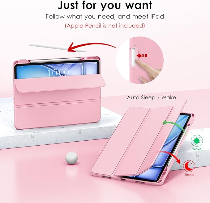 DTTO for iPad Air 13 Inch Case M4/M3/M2 2026/2025/2024 iPad Pro 12.9 Inch Case (6th/5th/4th/3rd Gen) Smart Slim Trifold Stand Soft Cover with Pencil Holder Pink