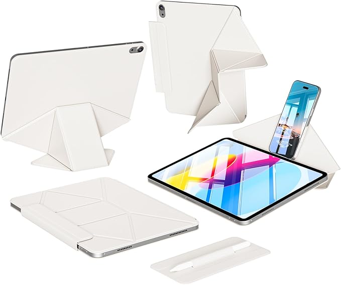 kenke Magnetic Case for iPad 11 Inch A16 2025/10th Generation 10.9 Inch 2022 with Detachable Clasp Slim Strong Magnetic Multi-fold Stand Cover with Pencil Holder Auto Wake/Sleep Cream White