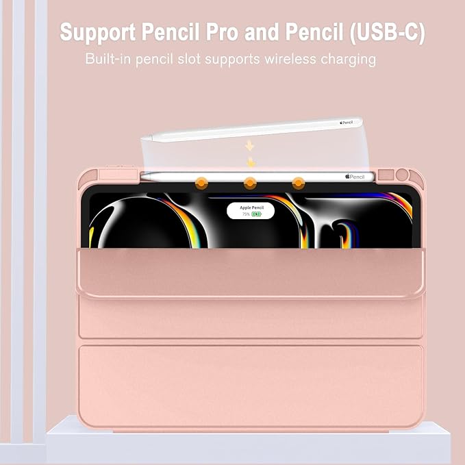 ZryXal New iPad Pro 13 Inch Case (M5) 2025 / (M4) 2024 with Pencil Holder Smart iPad Case [Support Pencil Pro and Pencil (USB-C)] Support Touch ID and Auto Wake/Sleep (Rose Gold)