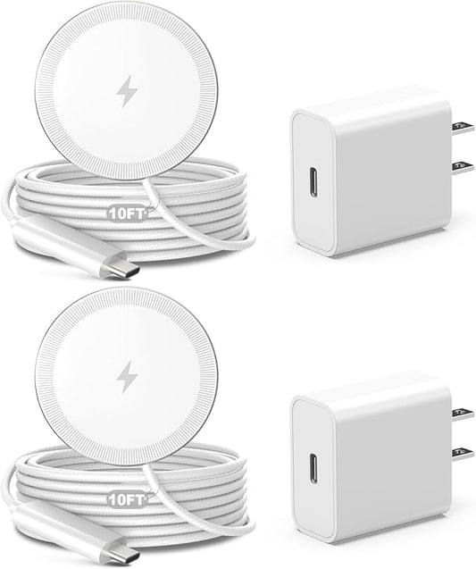 10FT Magnetic Wireless Charger Charging Pad - 15W Qi Fast Phone Charger Puck for Apple iPhone 17 16 15 14 13 12 Series &amp AirPods 4 3 2 Pro Phone Charging Pad with Plug for Desk &amp Travel 2Pac