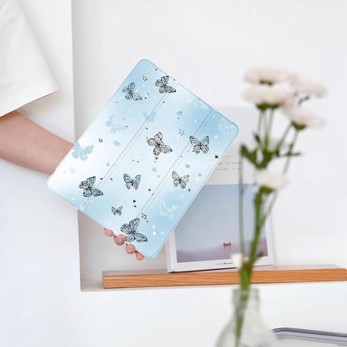 Cute Y2K Butterfly for iPad Pro 11 Inch Case (M5/M4) 2025/2024 with Pencil Holder Auto Sleep/Wake Blue Leather Soft TPU Back Cover
