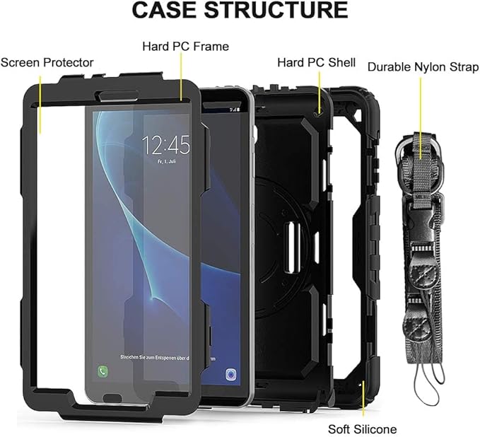 SZKMG Case for Samsung Galaxy Tab A 10.1 Black Cover SM-T580 T585 T587 2016 Release Tablet Shockproof Protective Case with Screen Protector Rotating Kickstand &amp Hand Strap A6 2018 10.1-inch