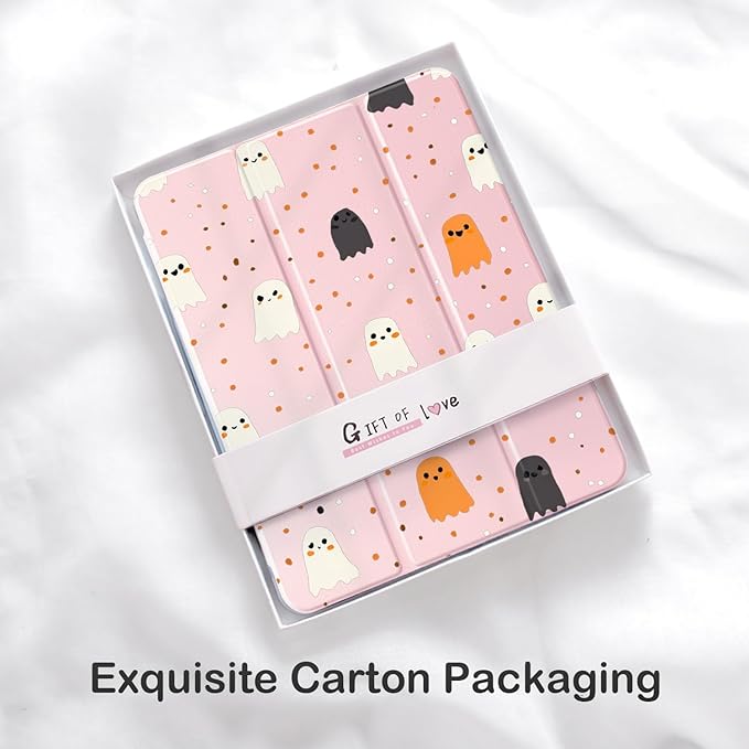 Cute Kawaii Halloween Ghost for iPad Air 11 Inch Case 7th/6th Generation (M3/M2) 2025/2024 with Pencil Holder Auto Sleep/Wake Pink Leather Clear Acrylic Back Cover