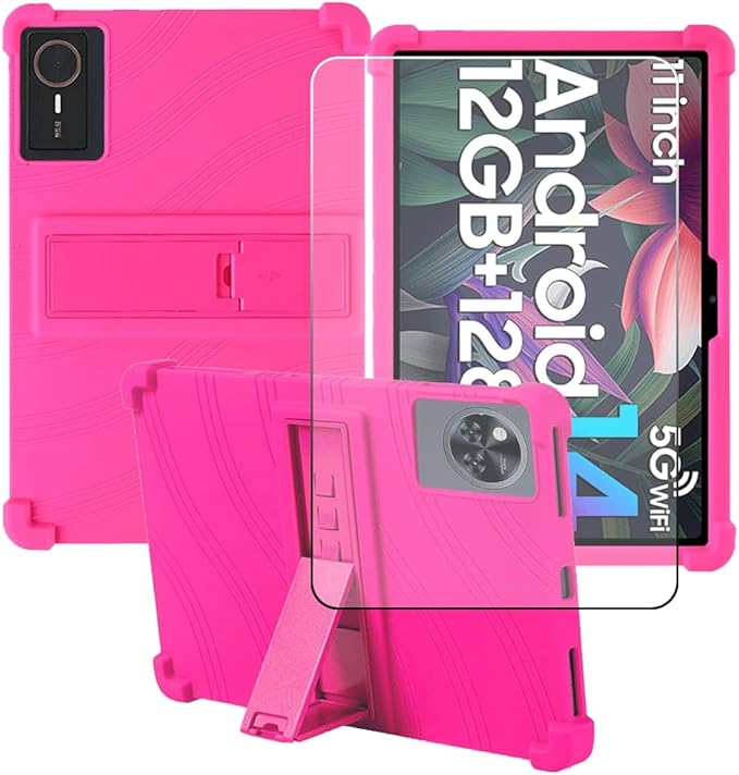 Compatible for ECOPAD T30 10.1 Inch Tablet Case + Screen Protector Tempered Glass Film Soft Silicone Full Coverage Adjustable Stand Protective Tablet Cover Rose