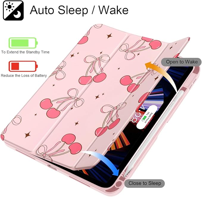 May Chen for iPad (A16) 11th Generation Case 11 Inch 2025 iPad 10th Gen Case 2022 10.9 inch Built-in Pencil Holder with Shockproof Cover Clear Back Shell Auto Wake/Sleep Pink Cherry Bow