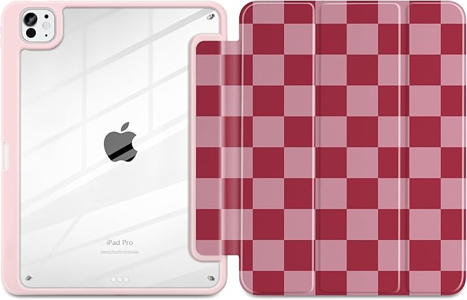 TWOLSKOO Case for iPad Pro 11-inch (M5 2025 / M4 2024) Clear Acrylic Back with TPU Bumper Pencil Holder Trifold Stand Auto Sleep/Wake Pink Checkerboard