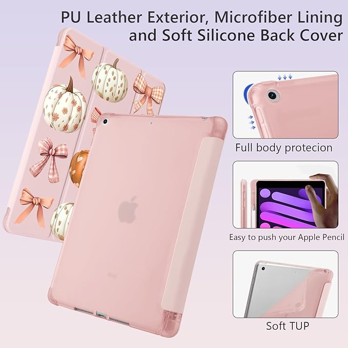 Cute Fall Pumpkin Bow for iPad Pro 12.9 Inch Case 5th/6th Generation 2022/2021/2020 with Pencil Holder Auto Sleep/Wake Pink Leather Soft TPU Back Cover
