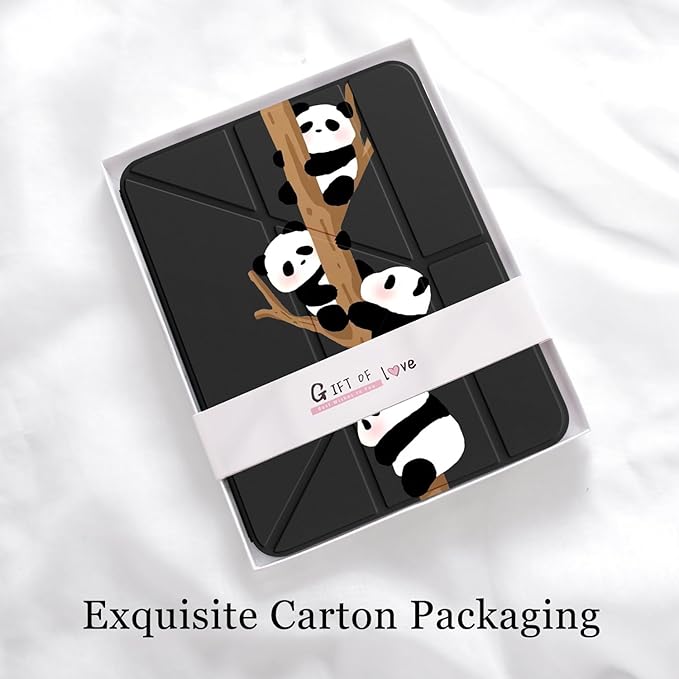 Cute Kawaii Panda for iPad Pro 11 Inch Case 4th/3rd/2nd Generation 2022/2021/2020 with Pencil Holder Auto Sleep/Wake Black Leather Acrylic Back Detachable Cover